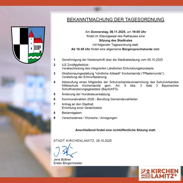 Bekanntmachung der Tagesordnung zur Stadtratssitzung im November 2025